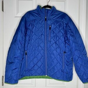 LANDS END Boys Primaloft Quilted Jacket Bright Blue/Green Zipper Pocket XL 18-20